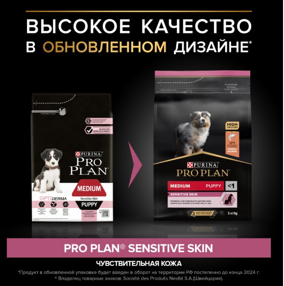 Каталог Сухой корм для щенков средних пород Pro Plan Sensitive Skin Medium Puppy (лосось,рис) для собак