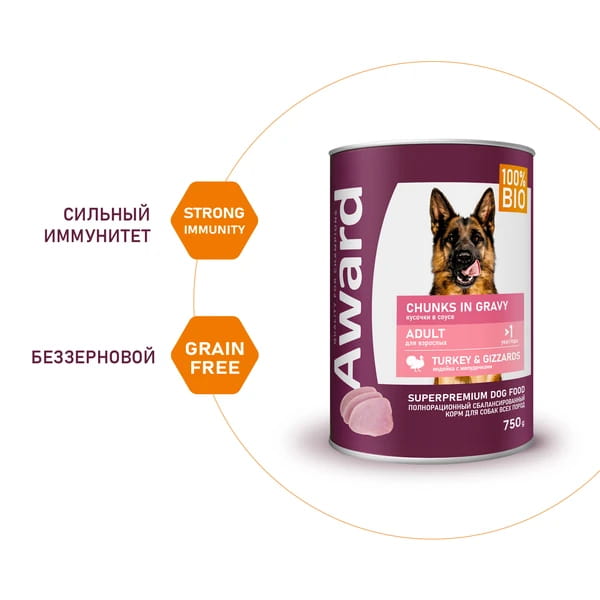Пища для собак Консервы для собак Award Dog (индейка с желудочками в соусе)