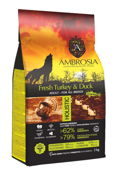 Еда для собак всех пород Сухой корм для собак Ambrosia Grain Free Dog Adult All Breed (индейка, утка)