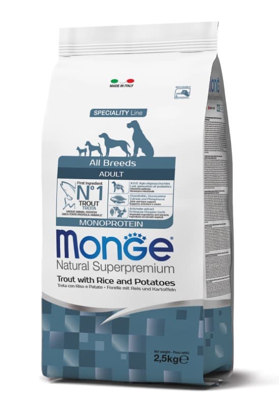Каталог Сухой корм для собак Monge Dog Monoprotein Adult All Breeds (форель, рис) для собак