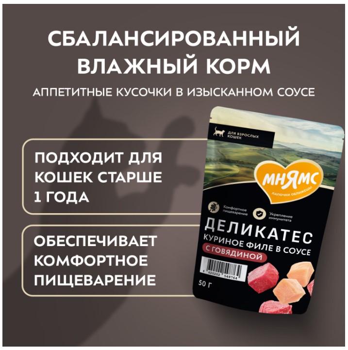 Влажный корм для кошек Мнямс Деликатес Куриное филе с говядиной в соусе 
