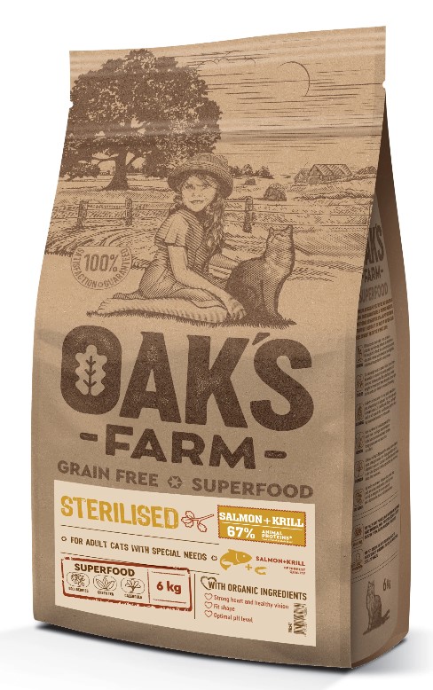 Сухой корм для стерилизованных кошек OAK'S FARM Grain Free Sterilised Adult Cat (лосось, криль)