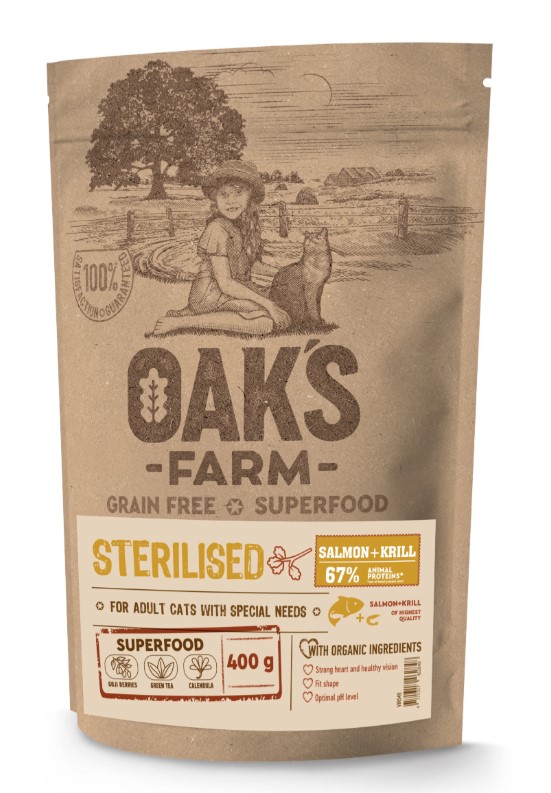 Сухой корм для стерилизованных кошек OAK'S FARM Grain Free Sterilised Adult Cat (лосось, криль)