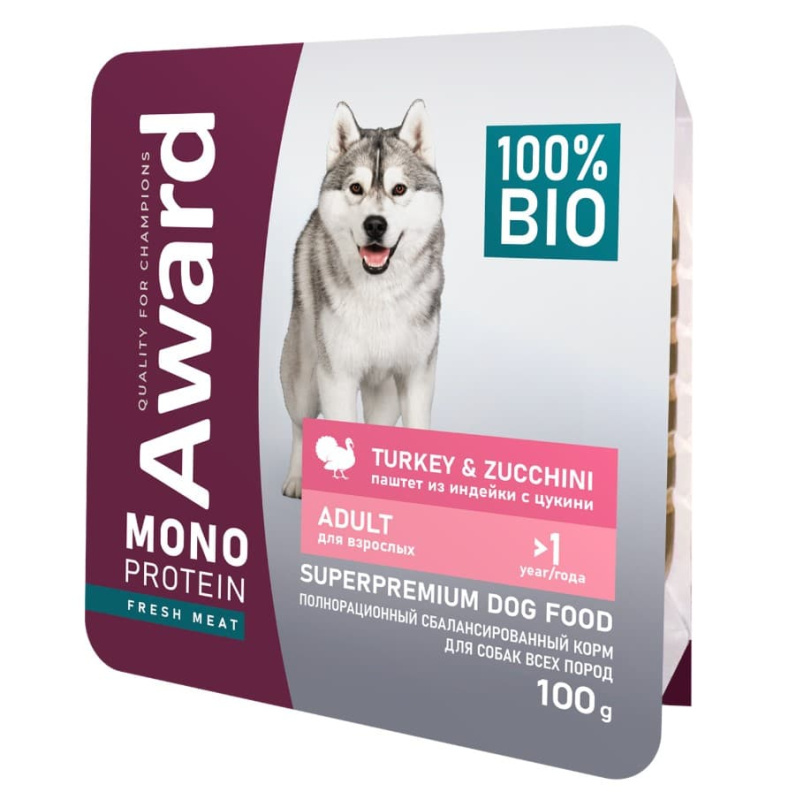 Влажный корм для собак AWARD Monoprotein паштет из индейки с цукини