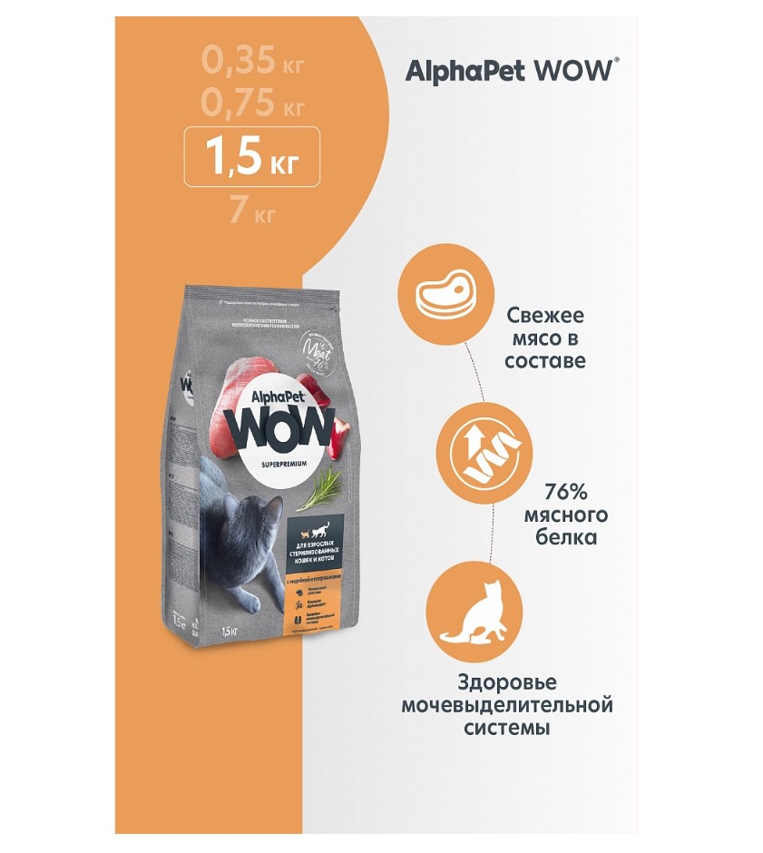 Сухой корм для кошек AlphaPet WOW Sterilised Adult Cat (индейка с потрошками)