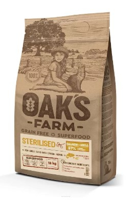 Сухой корм для стерилизованных кошек OAK'S FARM Grain Free Sterilised Adult Cat (лосось, криль)