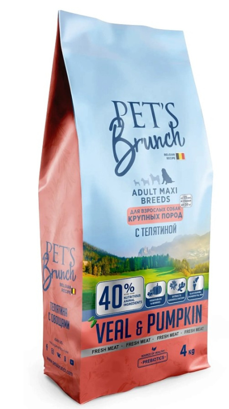 Каталог Сухой корм для собак крупных пород Pet's Brunch Adult Maxi Breeds (телятина, тыква) для собак