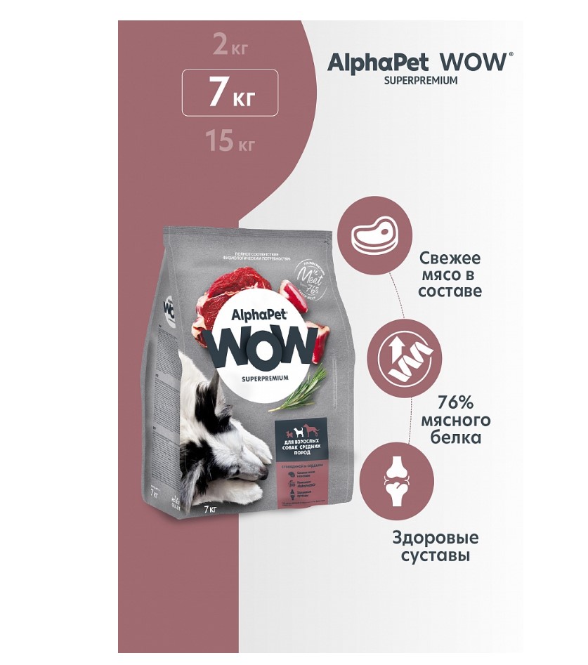 Сухой корм для собак средних пород AlphaPet WOW Adult Dog Medium (говядина, сердце)