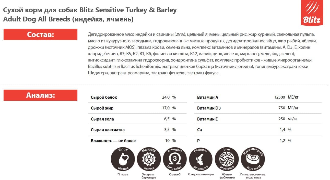 Каталог Сухой корм для собак Blitz Sensitive Turkey & Barley Adult Dog All Breeds (индейка, ячмень) для собак