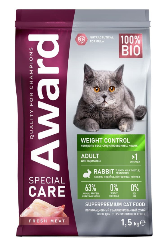 Сухой корм для кошек Award Special Care Weight Control Adult Sterilised Cat (кролик)