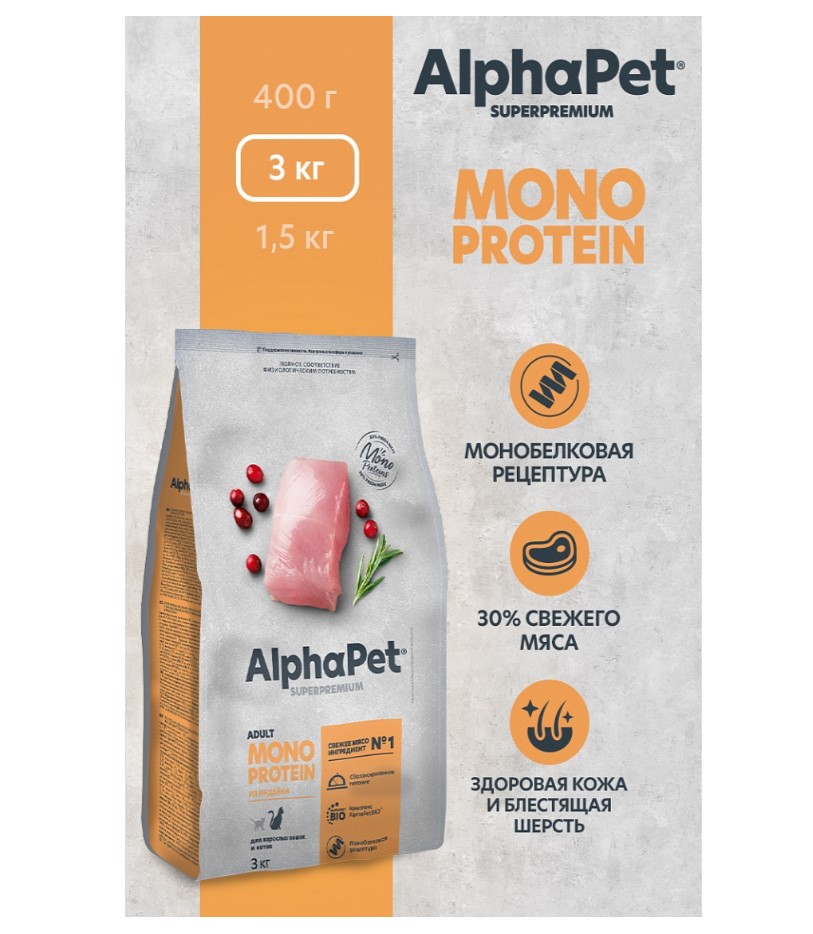 Сухой корм для кошек AlphaPet Monoprotein Adult Cat (индейка)