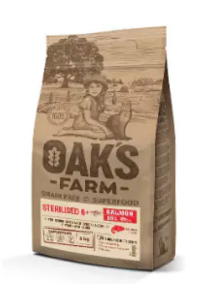 Сухой корм для зрелых стерилизованных кошек OAK'S FARM Grain Free Sterilised 8+ Adult Cat (лосось)