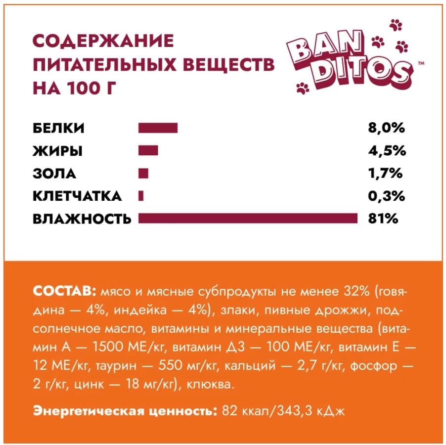 Влажный корм для котят BANDITOS Мясное ассорти (говядина, индейка)