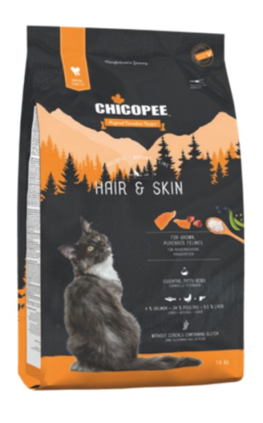 Сбалансированный сухой корм для кота Сухой корм для кошек Chicopee HNL HAIR&SKIN  (для красоты шерсти)