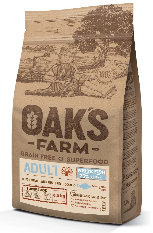 Каталог Сухой корм для собак мелких пород OAK'S FARM Grain Free Adult Small and Mini Breed Dogs (белая рыба) для собак
