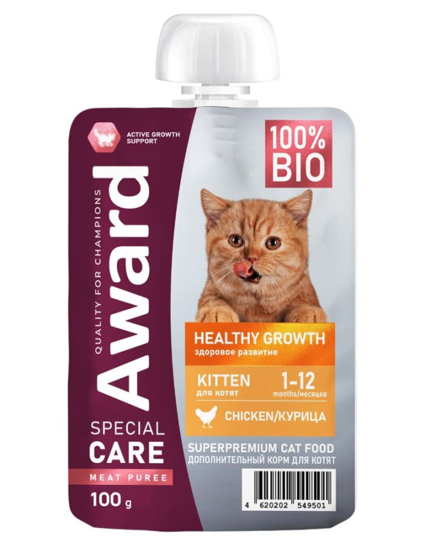 Влажный дополнительный корм для котят AWARD SPECIAL CARE Healthy growth "пюре" из мяса курицы