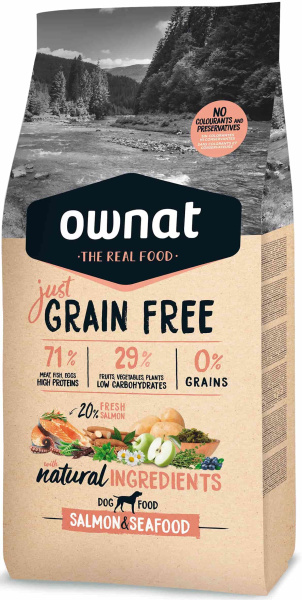 Каталог Сухой корм для собак OWNAT Just Grain Free Adult Dog Salmon&Seafood (лосось) для собак