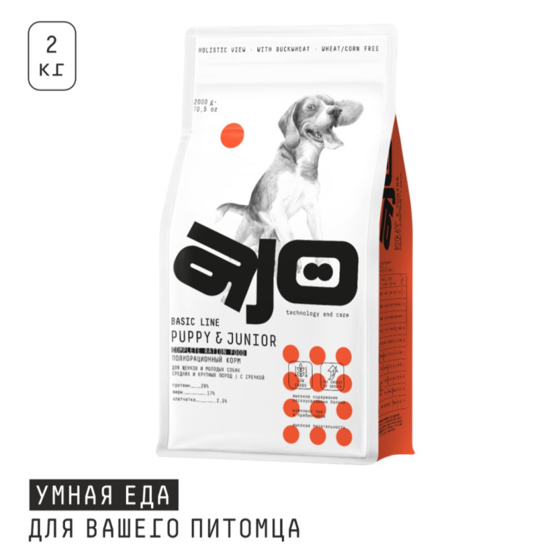 Каталог Сухой корм для щенков средних и крупных пород AJO Basic Line Medium&Maxi Puppy&Junior для собак