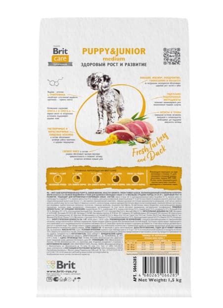 Каталог Сухой корм для щенков Brit Care Dog Puppy&Junior M Healthy Growth (индейка, утка) для щенков и молодых собак