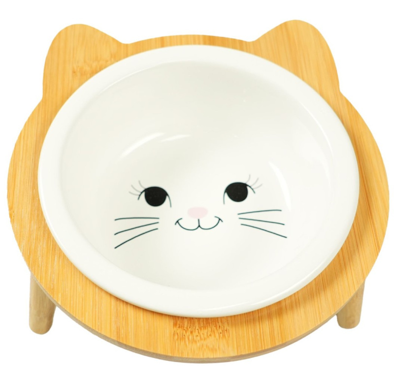 Миска для кошек Mr.Kranch Bamboo керамическая белая на бамбуковой подставке