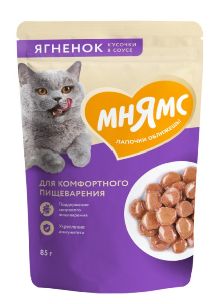 Влажный корм Мнямс Кусочки в соусе с ягненком для комфортного пищеварения у кошек