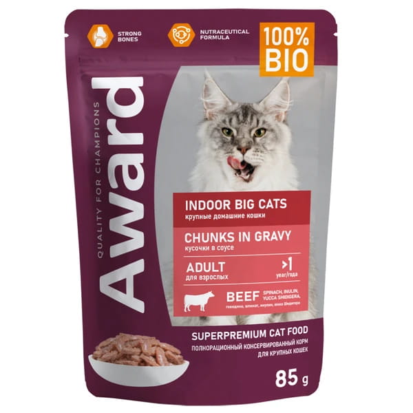 Корм для кошек и котов Влажный корм для кошек Award Indoor Big Сats (говядина в соусе)