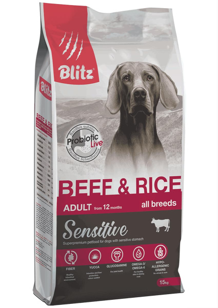 Каталог Сухой корм для собак Blitz Sensitive Adult Dog All Breeds (говядина, рис) для собак
