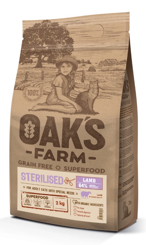 Сухой корм для стерилизованных кошек OAK'S FARM Grain Free Sterilised Adult Cat (ягненок)