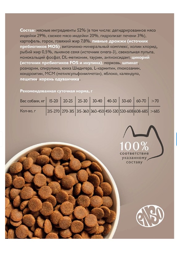 Сухой корм для собак Enso Dog Formula Monoprotein Adult Medium/Maxi (индейка, шпинат)