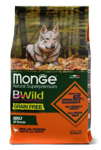 Каталог Сухой корм для собак Monge Dog BWild GF Adult All Breeds (утка, картофель) для собак