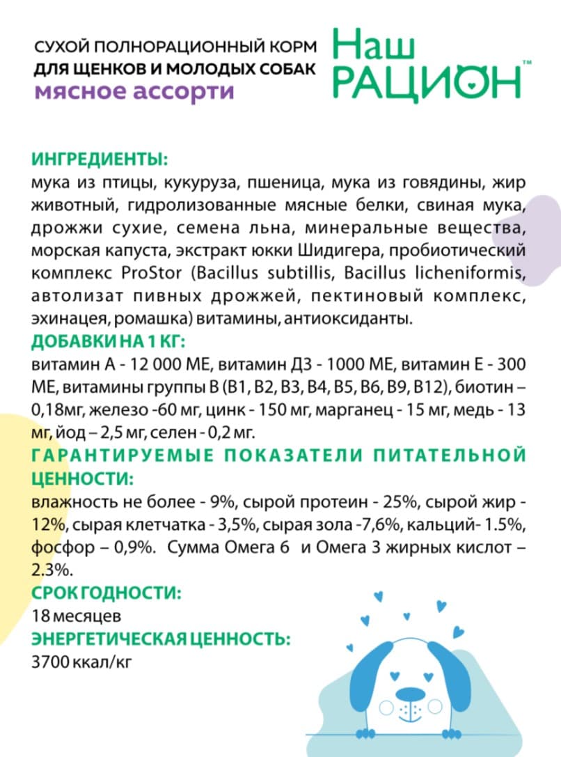 Сухой корм для щенков Наш Рацион Puppy (мясное ассорти) 
