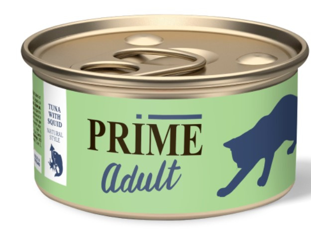 Консервы для кошек PRIME Adult Cat в собственном соку (тунец, кальмар)