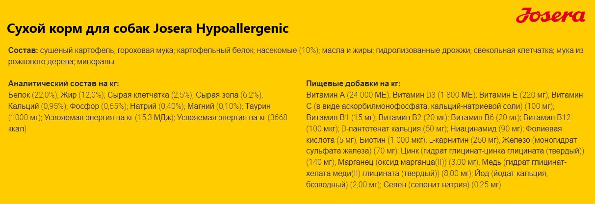 Еда для собак Josera Hypoallergenic