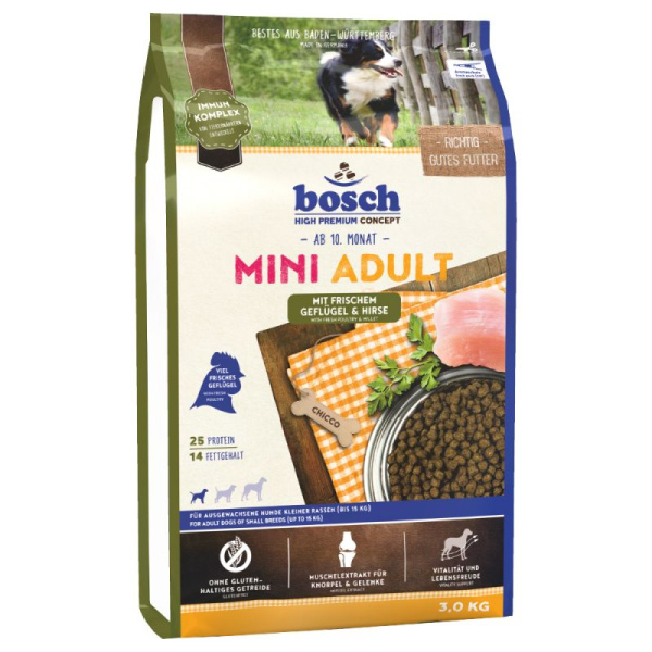 Пища для мелких собак Сухой корм для собак мини пород Bosch Mini Adult (птица с просо)