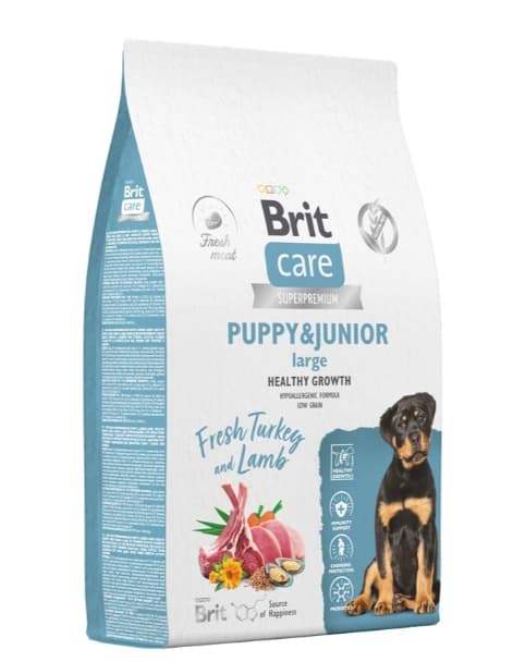 Пища для щенков и молодых собак  Сухой корм для щенков Brit Care Dog Puppy&Junior L Healthy Growth (индейка, ягненок)