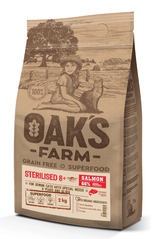 Сухой корм для зрелых стерилизованных кошек OAK'S FARM Grain Free Sterilised 8+ Adult Cat (лосось)