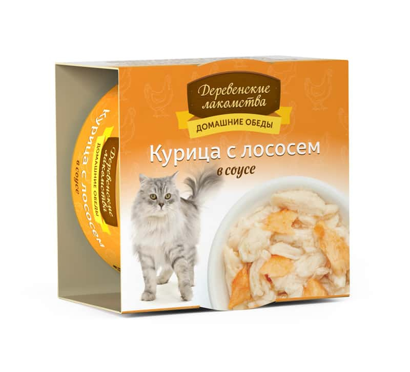 Влажный корм для кошек Деревенские лакомства Домашние обеды "Курица с лососем в соусе" 80 гр