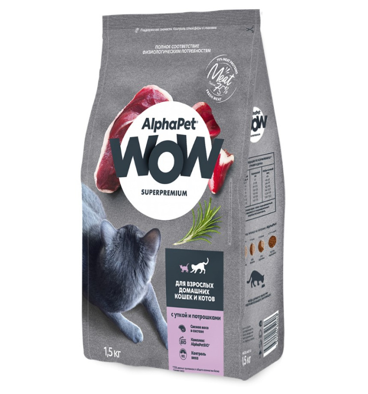 Сухой корм для кошек AlphaPet WOW Adult Cat (утка с потрошками)