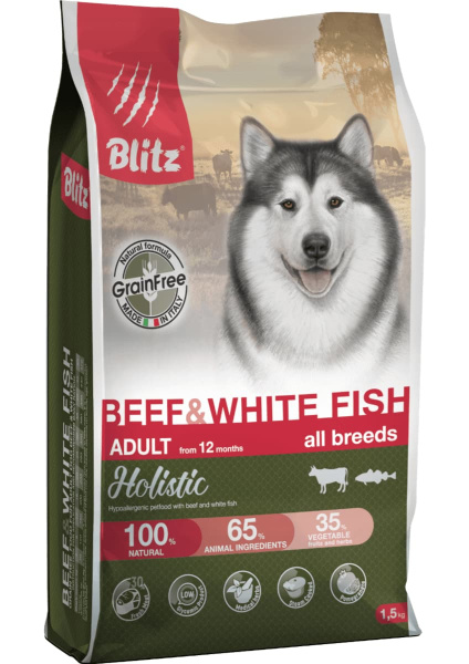 Еда для собак Сухой корм для собак Blitz Holistic Adult Dog All Breeds (говядина, белая рыба)