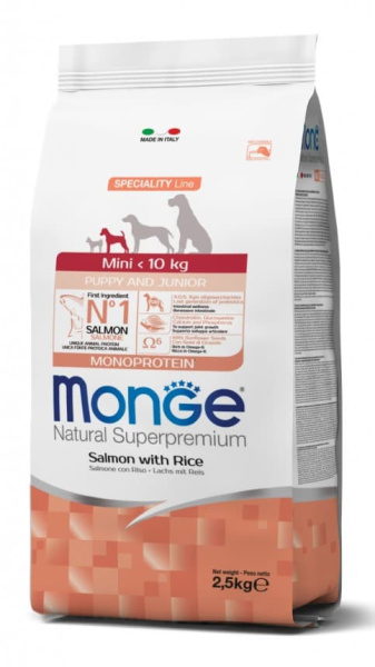 Каталог Сухой корм для щенков Monge Dog Monoprotein Mini Puppy & Junior (лосось, рис) для собак