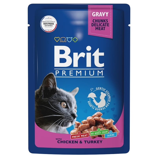 Консервированный корм для кошек Brit Premium цыпленок и индейка