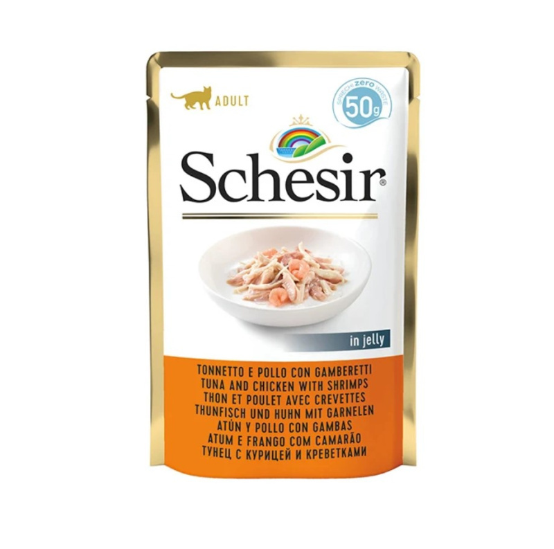 Влажный корм для кошек Schesir Adult Cat в желе (тунец, курица, креветки)