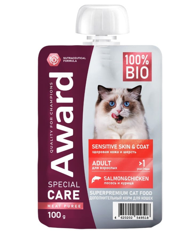 Влажный дополнительный корм для кошек AWARD SPECIAL CARE Sensitive Skin&Coat курица, лосось