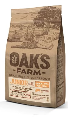 Каталог Сухой корм для щенков OAK'S FARM Grain Free Junior Small and Mini Breed Dogs (лосось, криль) для собак