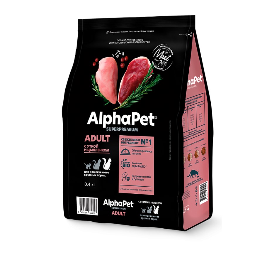 Сухой корм для кошек крупных пород AlphaPet Superpremium Adult Cat (утка, цыпленок)