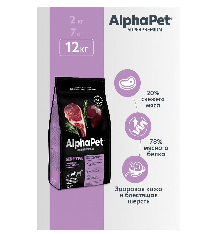 Сухой корм для собак средних пород AlphaPet Superpremium Adult Dog Medium (баранина, потрошки)