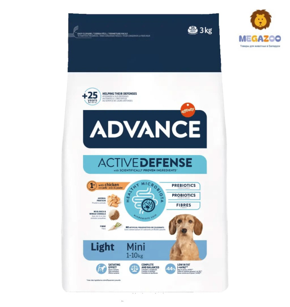 Еда для маленьких собак Сухой корм для собак Advance Dog Light Mini (курица)