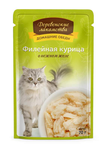 Рацион для кошек "Деревенские лакомства" "Домашние обеды" филейная курица в нежном желе 