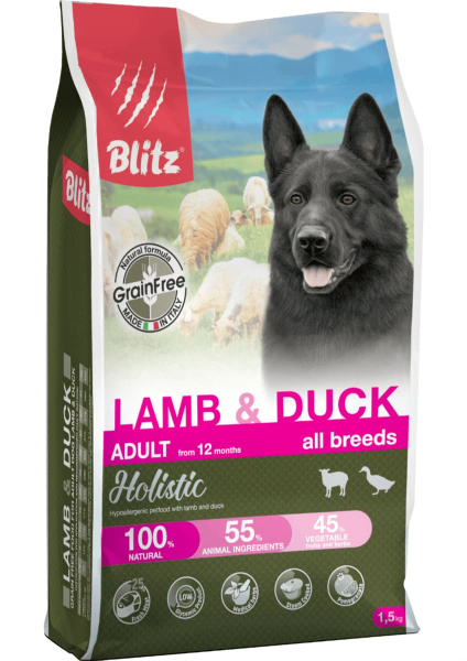 Каталог Сухой корм для собак Blitz Holistic Adult Dog All Breeds (ягненок, утка) для собак