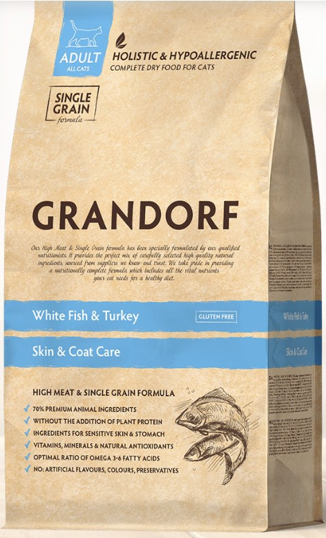 Сухой корм для кошек Grandorf Skin & Care (белая рыба, индейка)